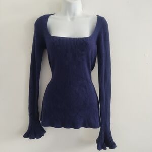 Valentino Roma Wool Cashmere Blend Ribbed Square Neckline Top Sweater